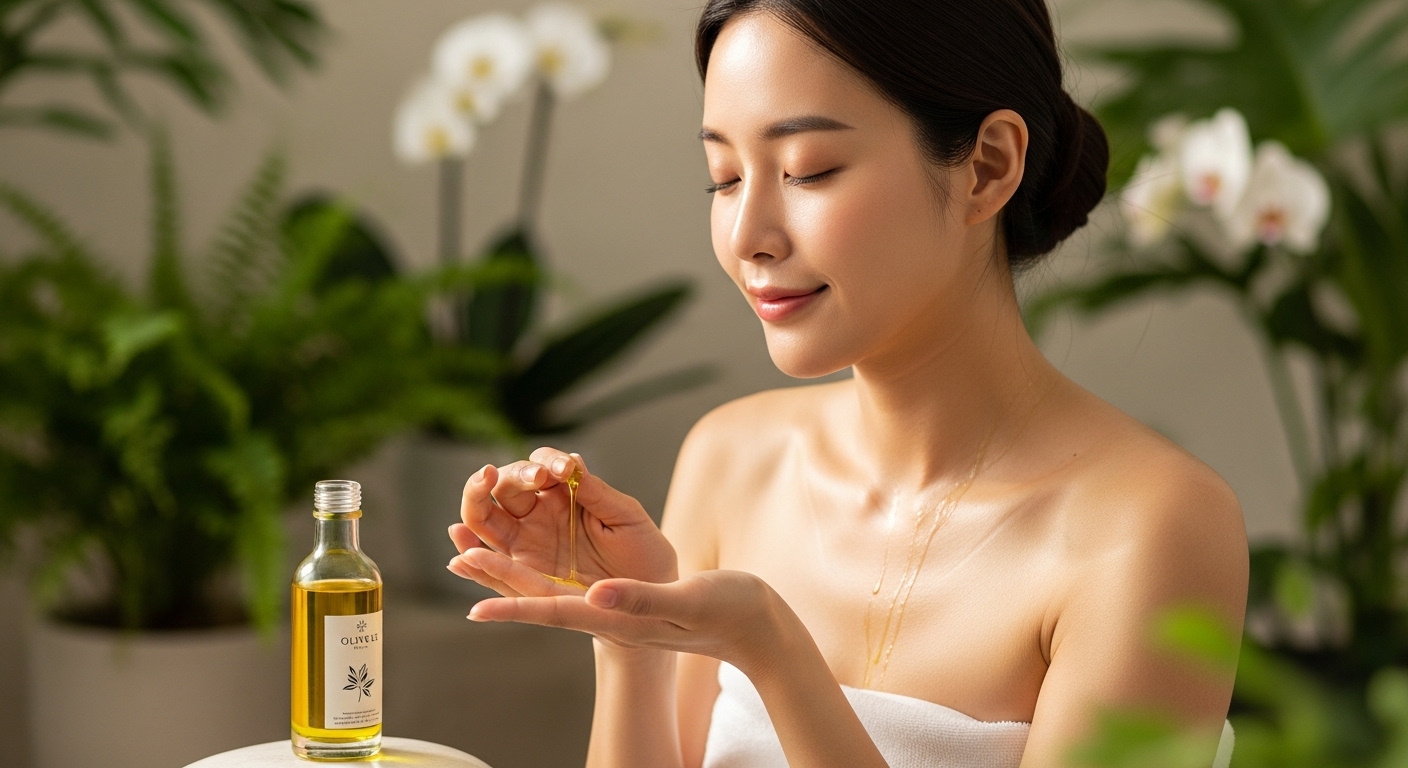 스파에서 피부에 올리브오일을 바르는 여성과 평화로운 분위기