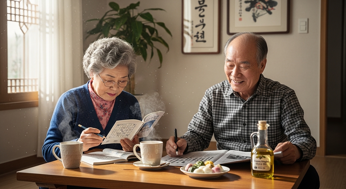 집에서 두뇌 운동을 하며 올리브유가 들어간 차를 마시는 노부부