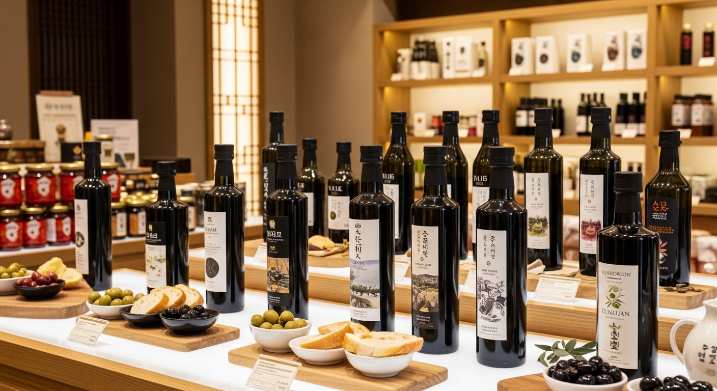 한국 고급 식품점에 진열된 고품질 엑스트라 버진 올리브유들