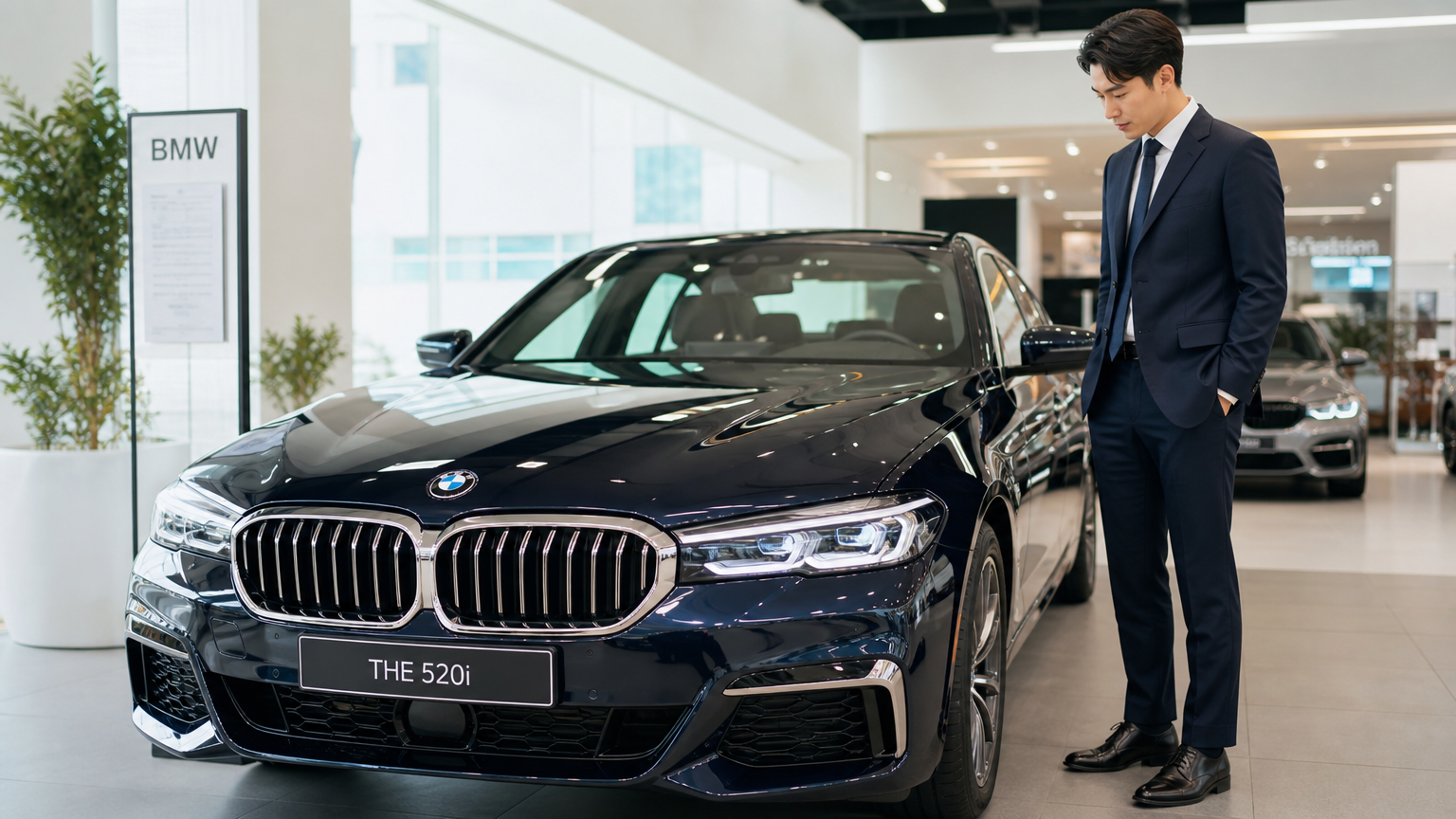 현대적이고 세련된 자동차 전시장에서 BMW 520i를 살펴보는 한국의 비즈니스 전문가