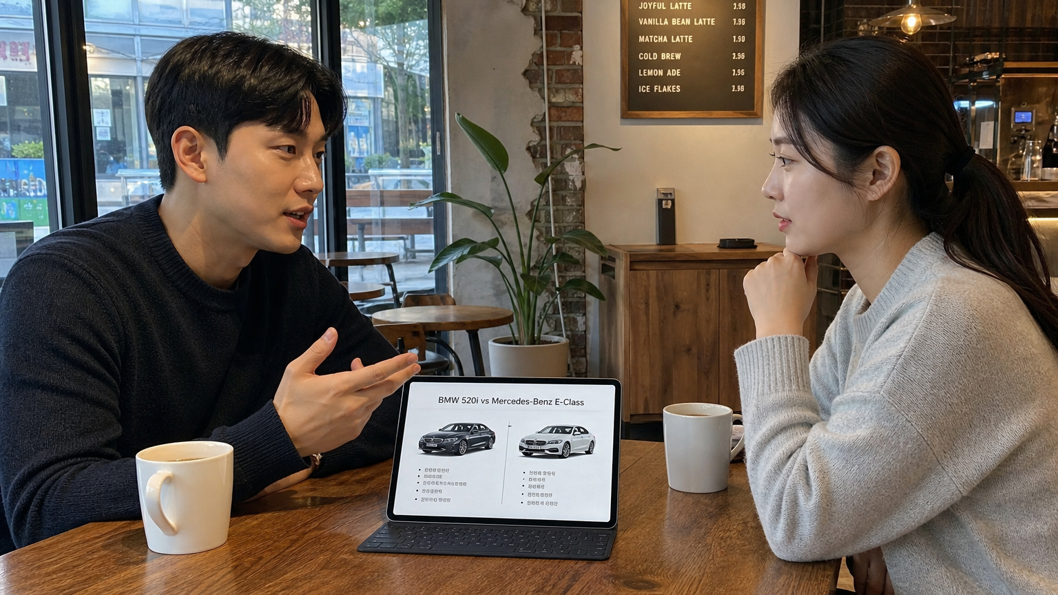 도심 카페에서 BMW 520i와 벤츠 E클래스를 비교하는 두 명의 한국인 성인