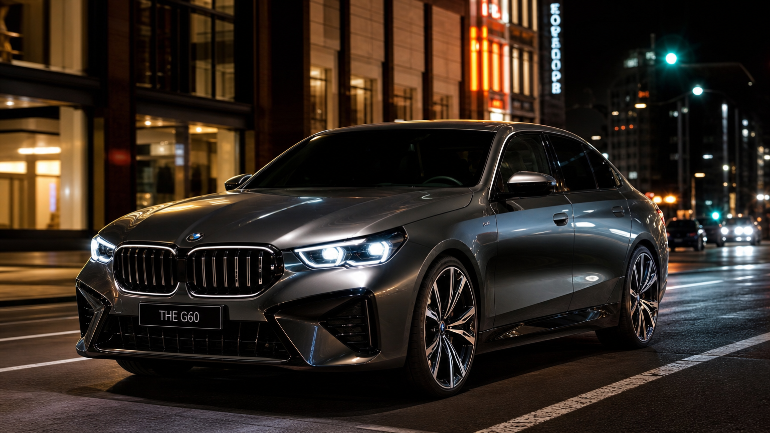 밤 도시 거리에서 빛나는 조명 속에 드러나는 BMW G60 모델의 세련되고 대담한 디자인