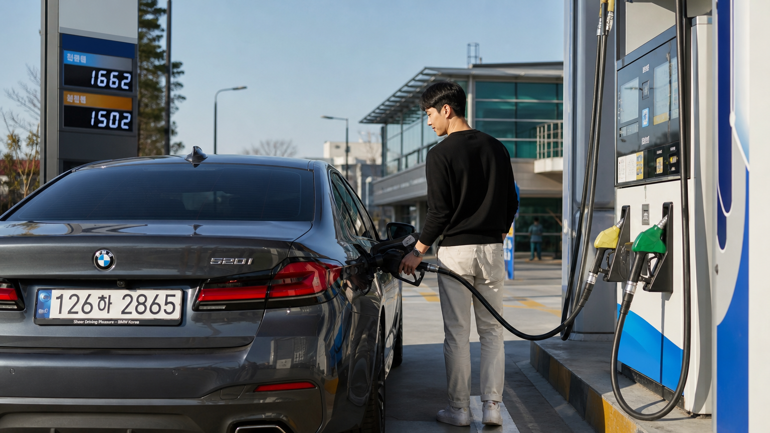현대적인 주유소에서 경제적이면서도 고급스러운 BMW 520i에 주유하는 한국 남성