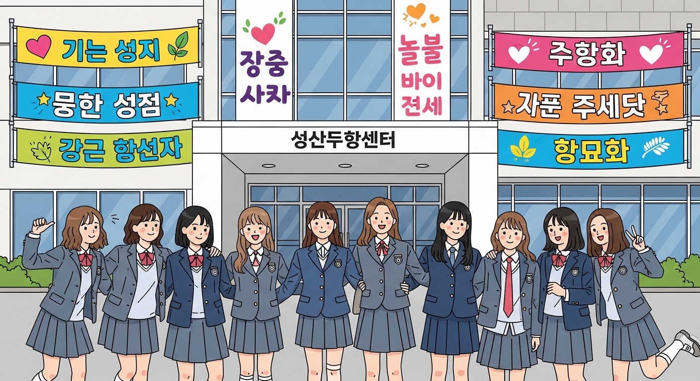 커뮤니티 센터 앞에서 함께 웃고 있는 다양한 한국 여학생들