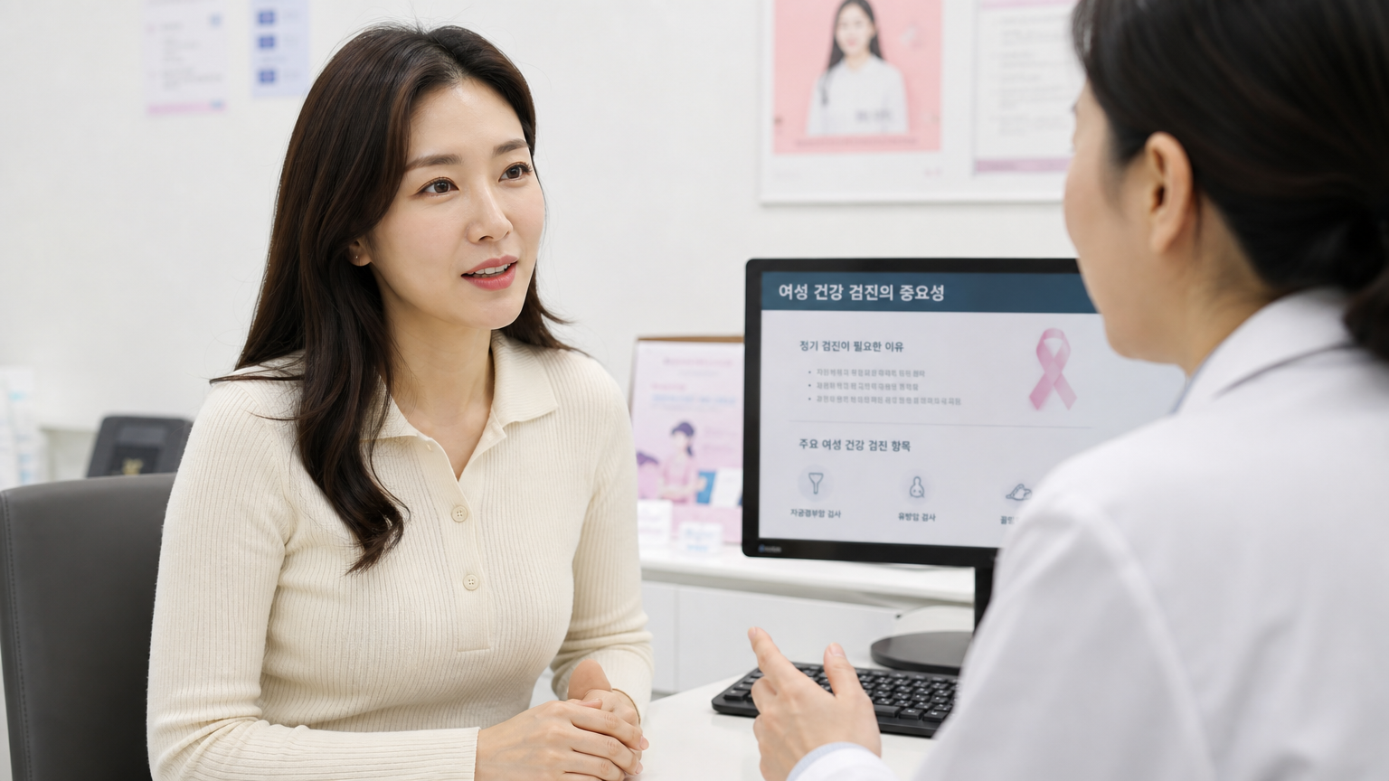 현대적인 의료 사무실에서 의사와 상담하는 30대 한국 여성의 모습