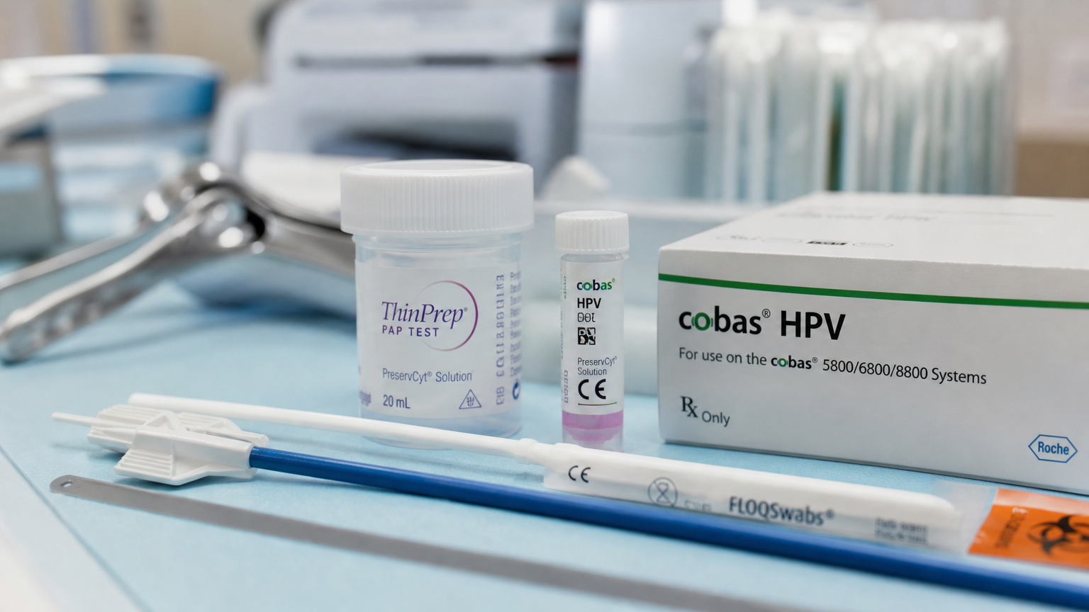자궁경부암 및 HPV 검사에 사용되는 의료 장비와 테스트 키트 클로즈업