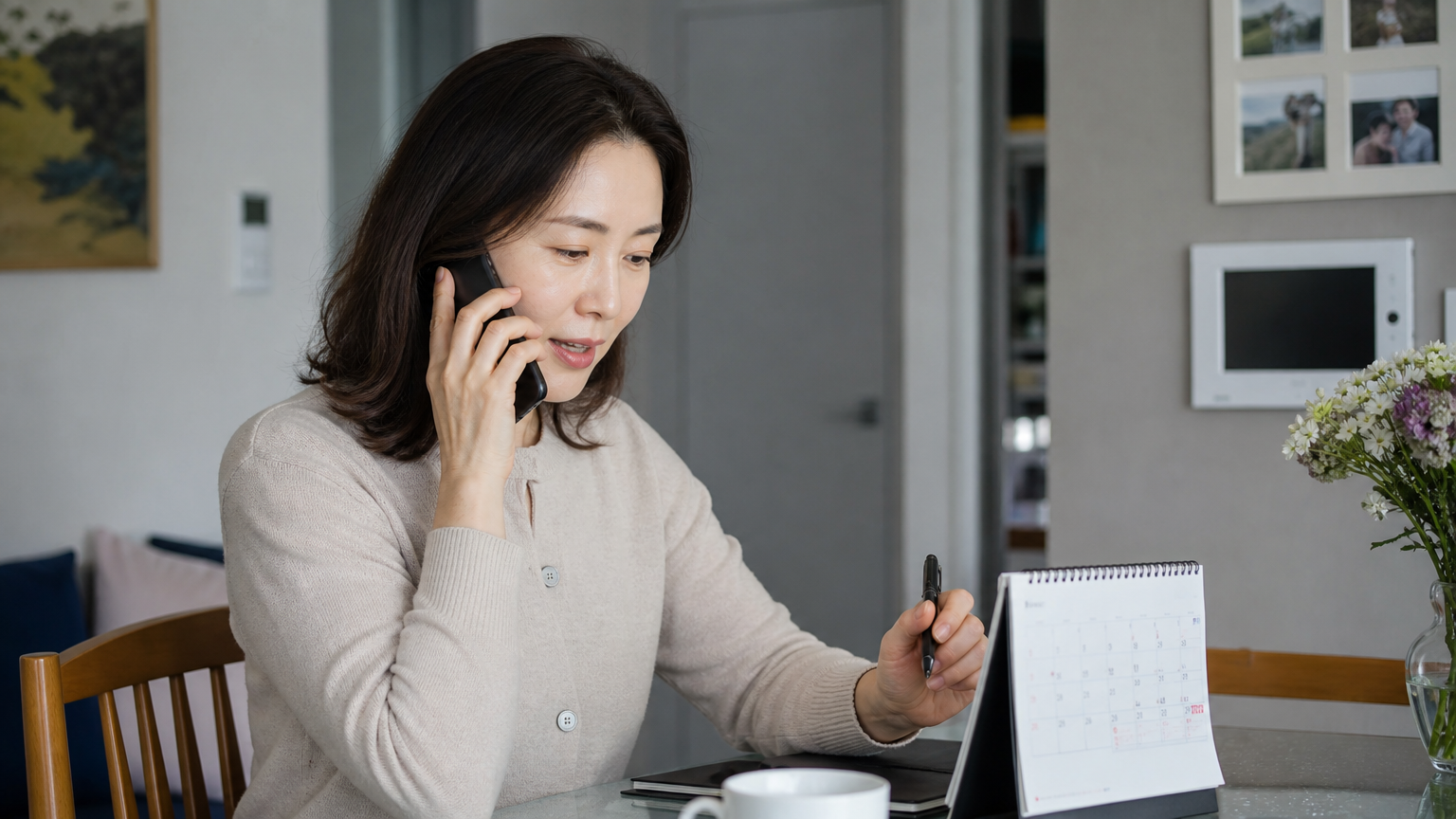 집에서 전화로 건강검진 일정을 잡고 달력을 확인하는 초반 40대 한국 여성