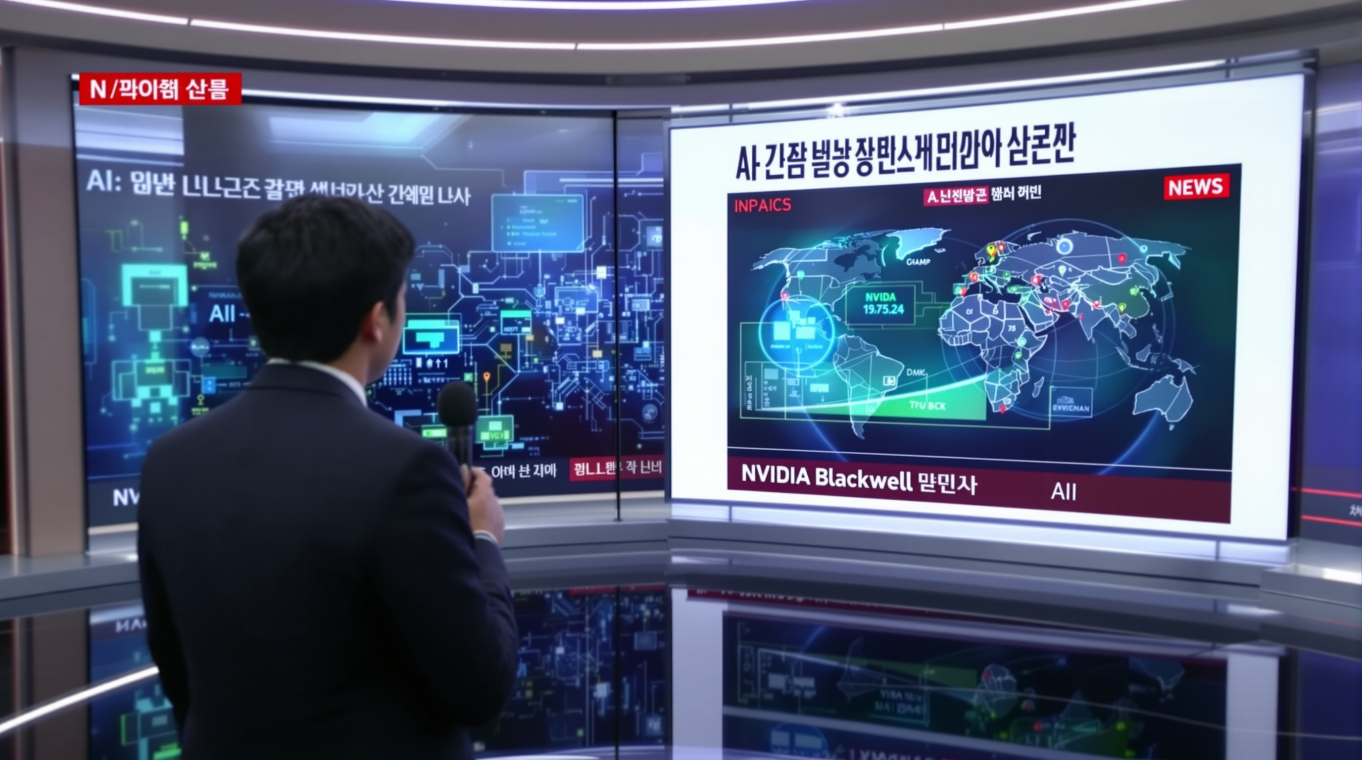 뉴스 앵커가 스튜디오에서 트럼프의 블랙웰 칩 독점 공급 정책을 보도하는 모습