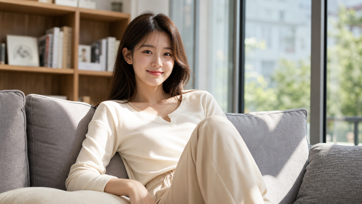 현대적인 거실에서 스타일리시한 홈웨어를 입고 편안하게 소파에 앉아 있는 여성