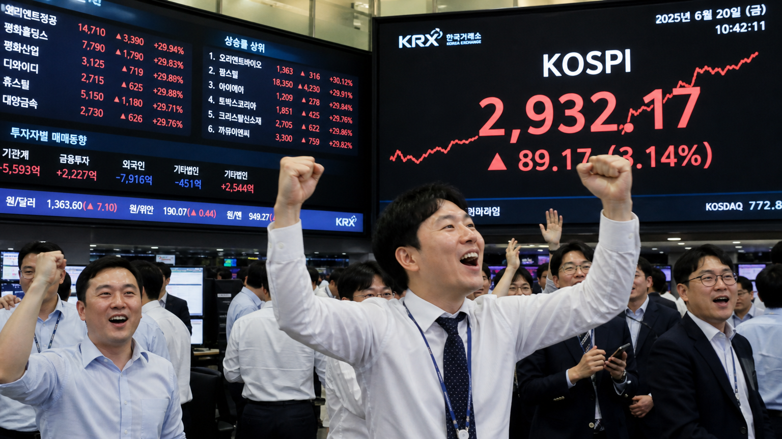 활기찬 거래소에서 전광판의 주가 상승을 지켜보는 흥분한 트레이더들