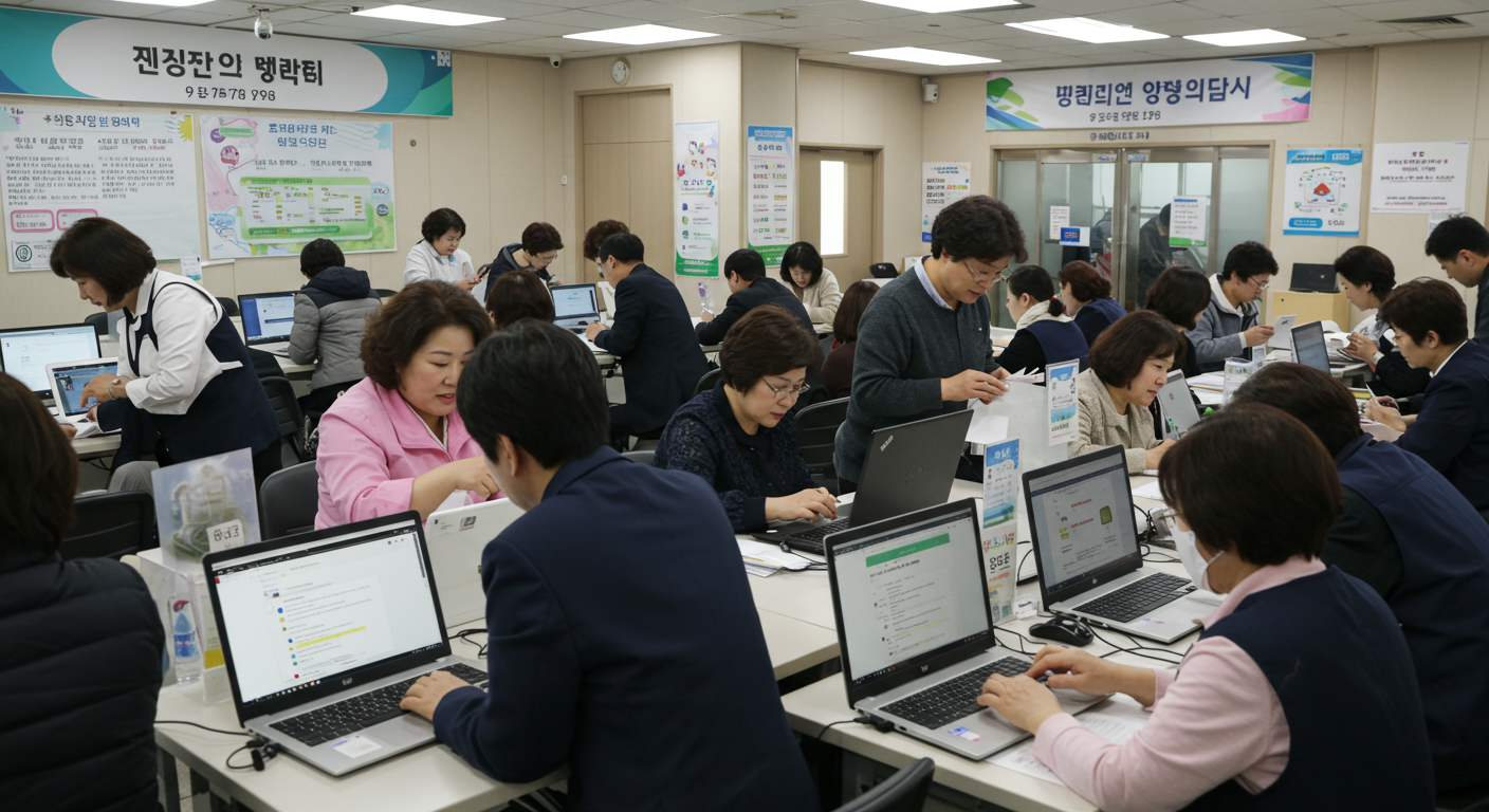 주민센터와 온라인에서 정부 혜택을 신청하는 한국 시민들