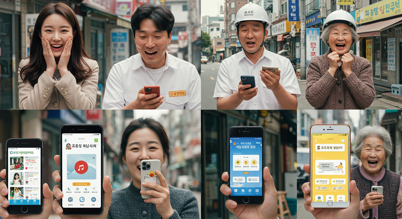 다양한 연령과 직업의 한국 사람들이 스마트폰으로 지원금 알림을 받고 기뻐하는 장면