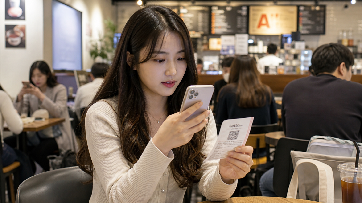 카페에서 스마트폰으로 복권의 QR 코드를 스캔하는 젊은 여성