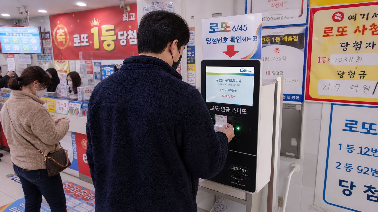 자동 기계로 복권을 스캔하는 고객들이 있는 활기찬 복권 판매점 내부 모습