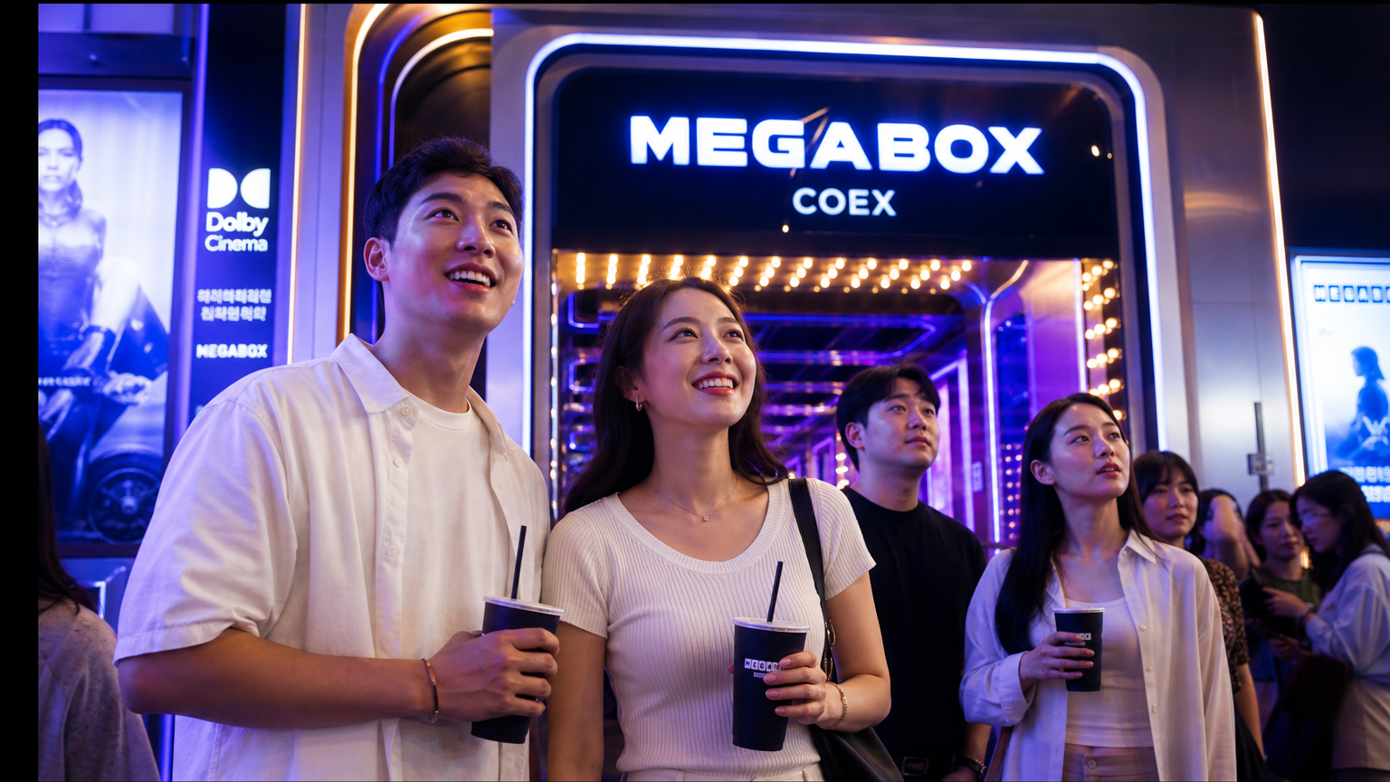 미래적인 영화관 입구 앞에서 설렘 가득한 표정의 한국 성인들