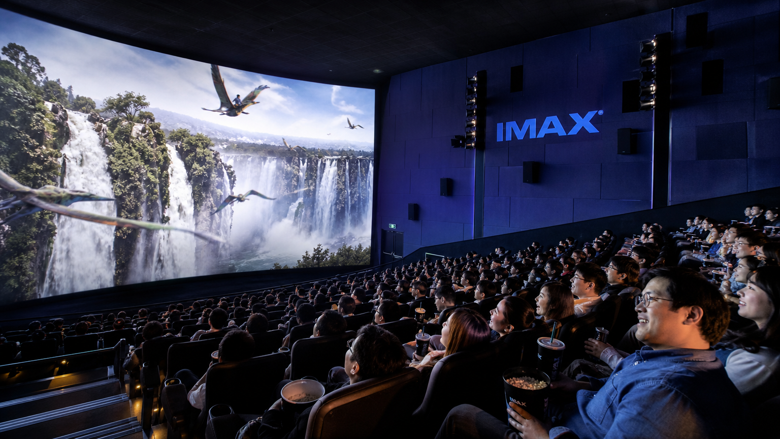 다양한 한국 성인들이 몰입하여 관람 중인 대형 IMAX 상영관 내부 모습