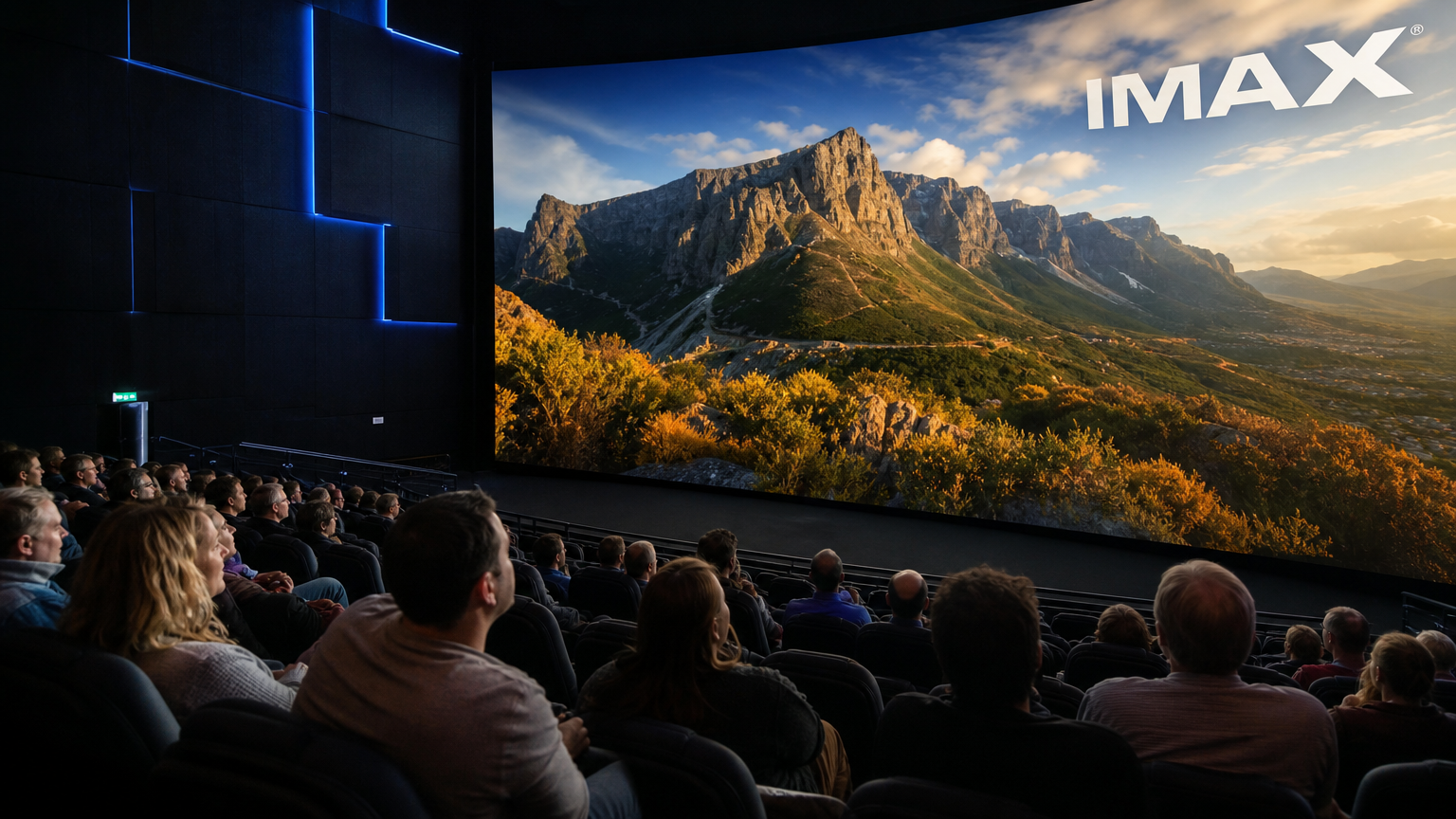 생생한 풍경을 비추는 거대한 IMAX 스크린과 감탄하는 관객들의 모습