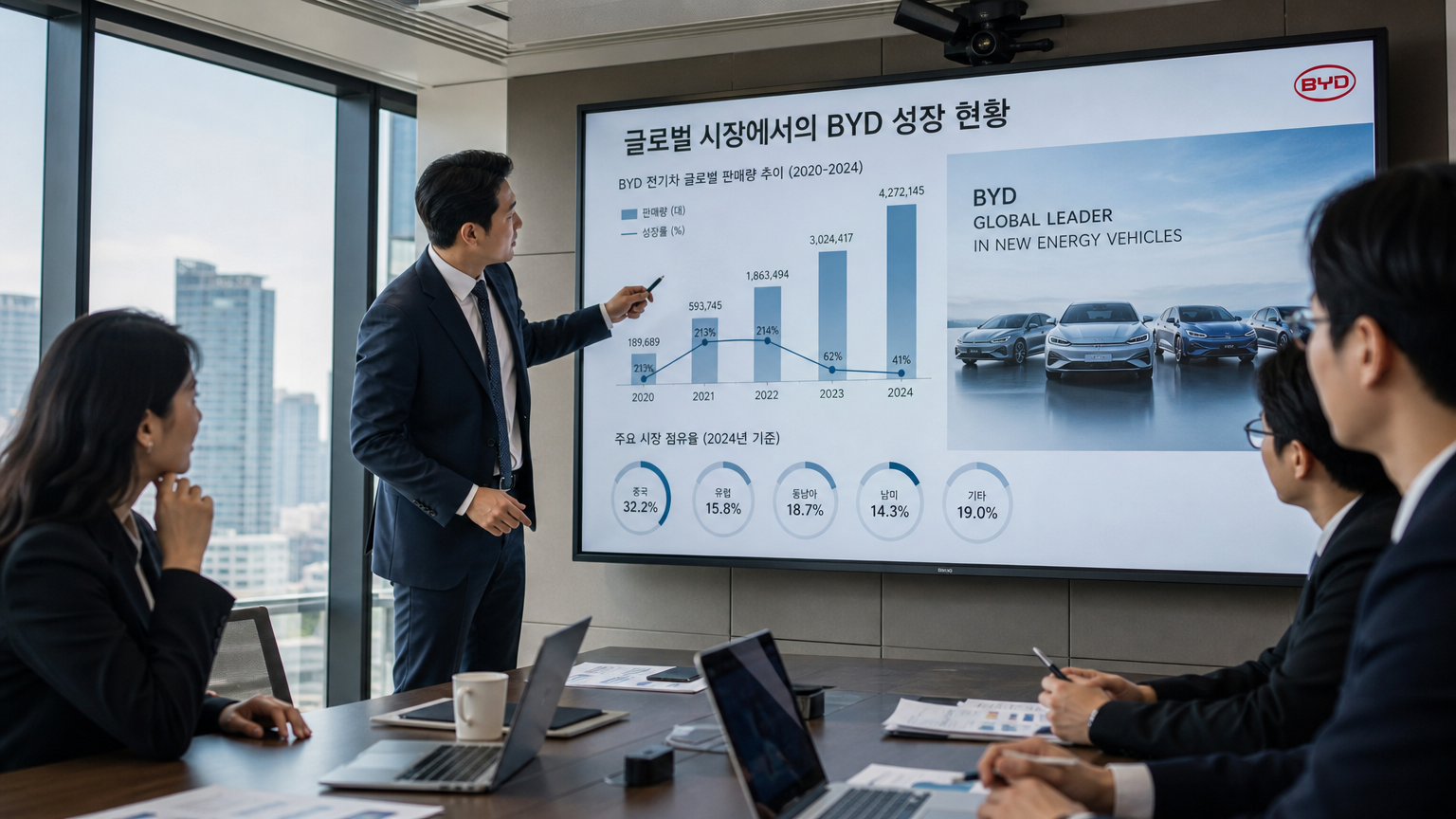 비즈니스 전문가들이 BYD의 글로벌 성공을 나타내는 데이터를 분석하는 장면