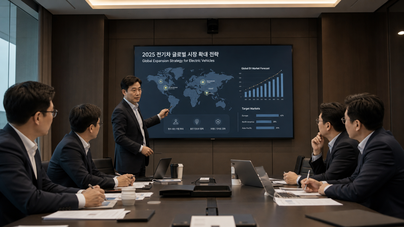 한국 경영진들이 전기차의 해외 확장 전략을 논의하는 회의실 모습
