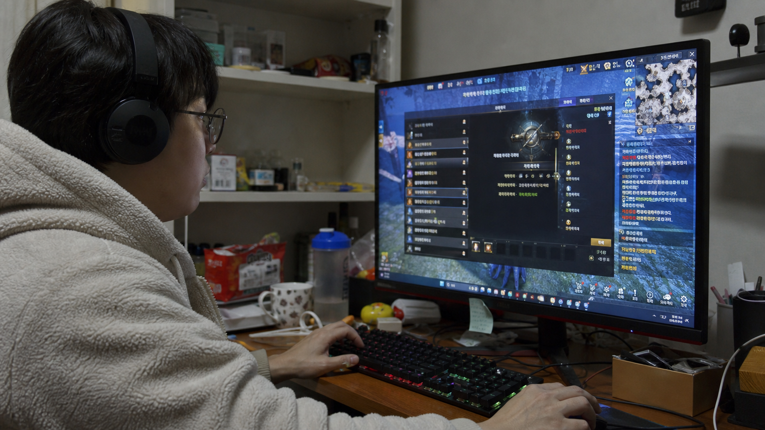 직업 육성과 장비 강화를 통해 캐릭터를 성장시키는 한국 플레이어의 모습