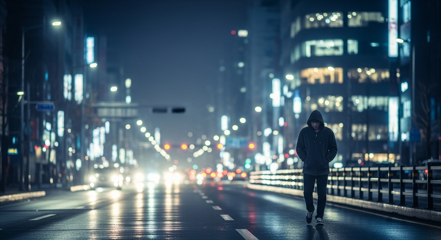 밤에 어두운 거리에서 홀로 걸어가는 사람과 도시의 불안한 분위기