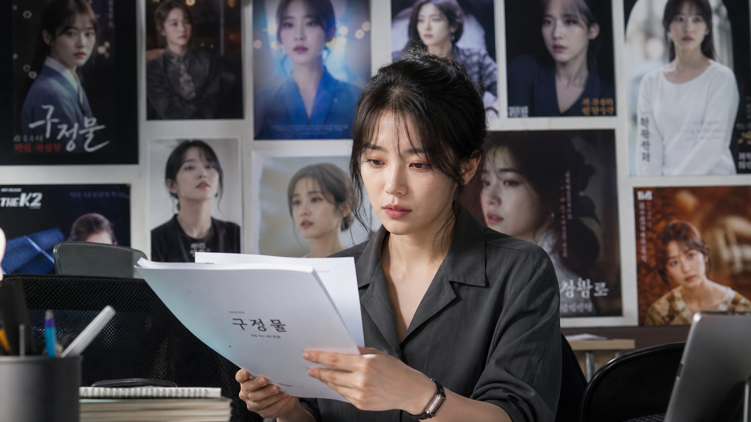 스튜디오에서 대본을 읽고 있는 배우