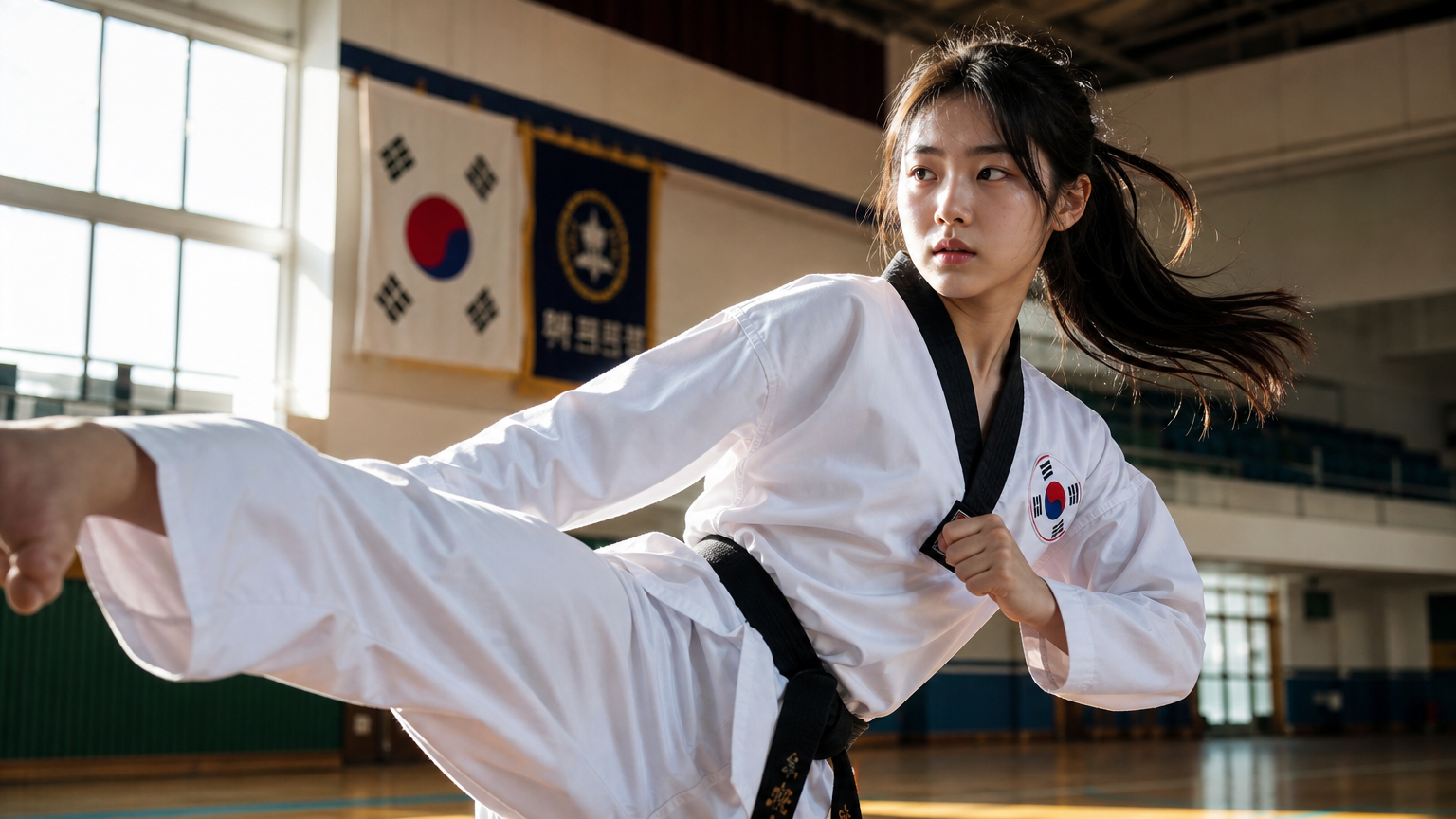 태권도복을 입고 체육관에서 훈련 중인 고등학생 소녀