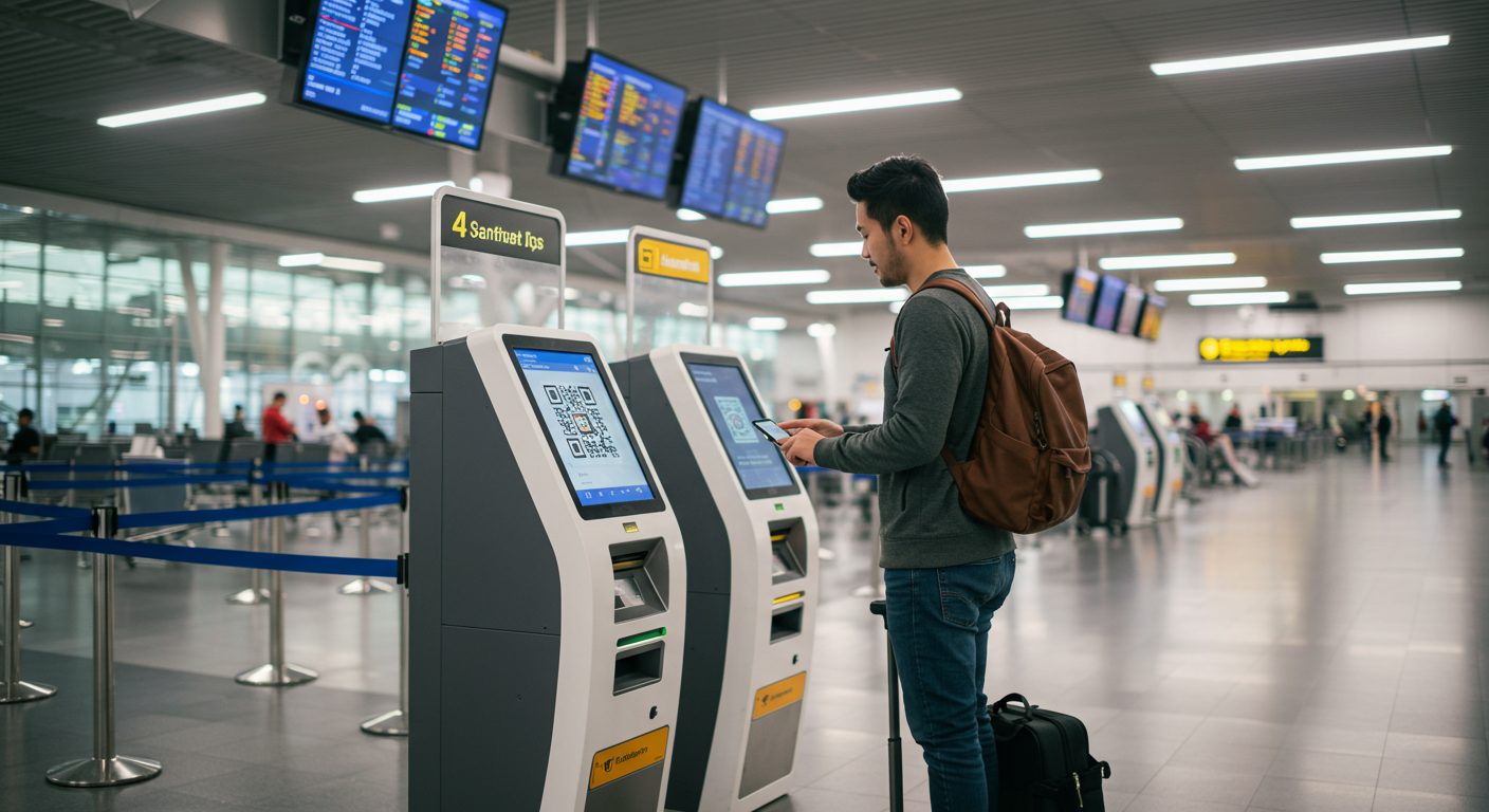 공항 터미널에서 스마트폰의 QR 코드를 스캔하는 장면