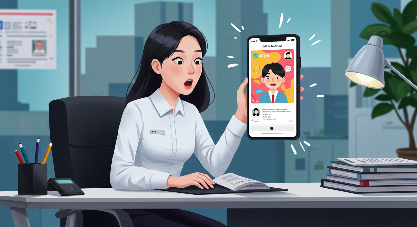 직장 환경에서 스마트폰 화면을 보고 놀란 직장인의 모습