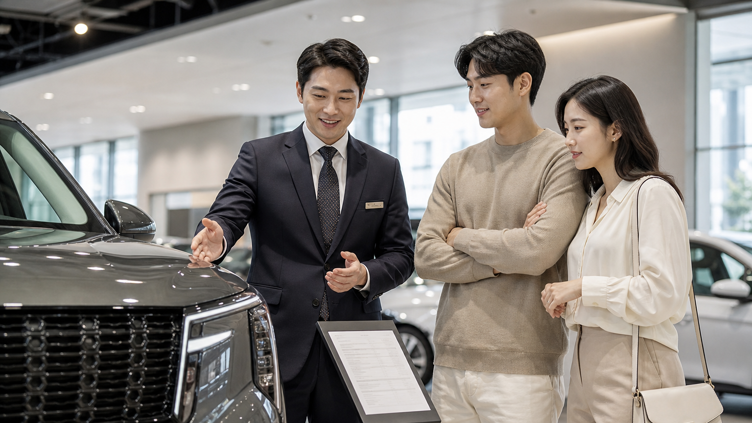 한국 커플이 자동차 전시장에서 신형 SUV 모델을 살펴보는 모습