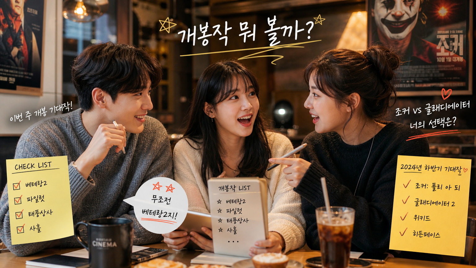 카페에서 새 영화에 대해 흥미롭게 대화하는 현대적 분위기의 사람들