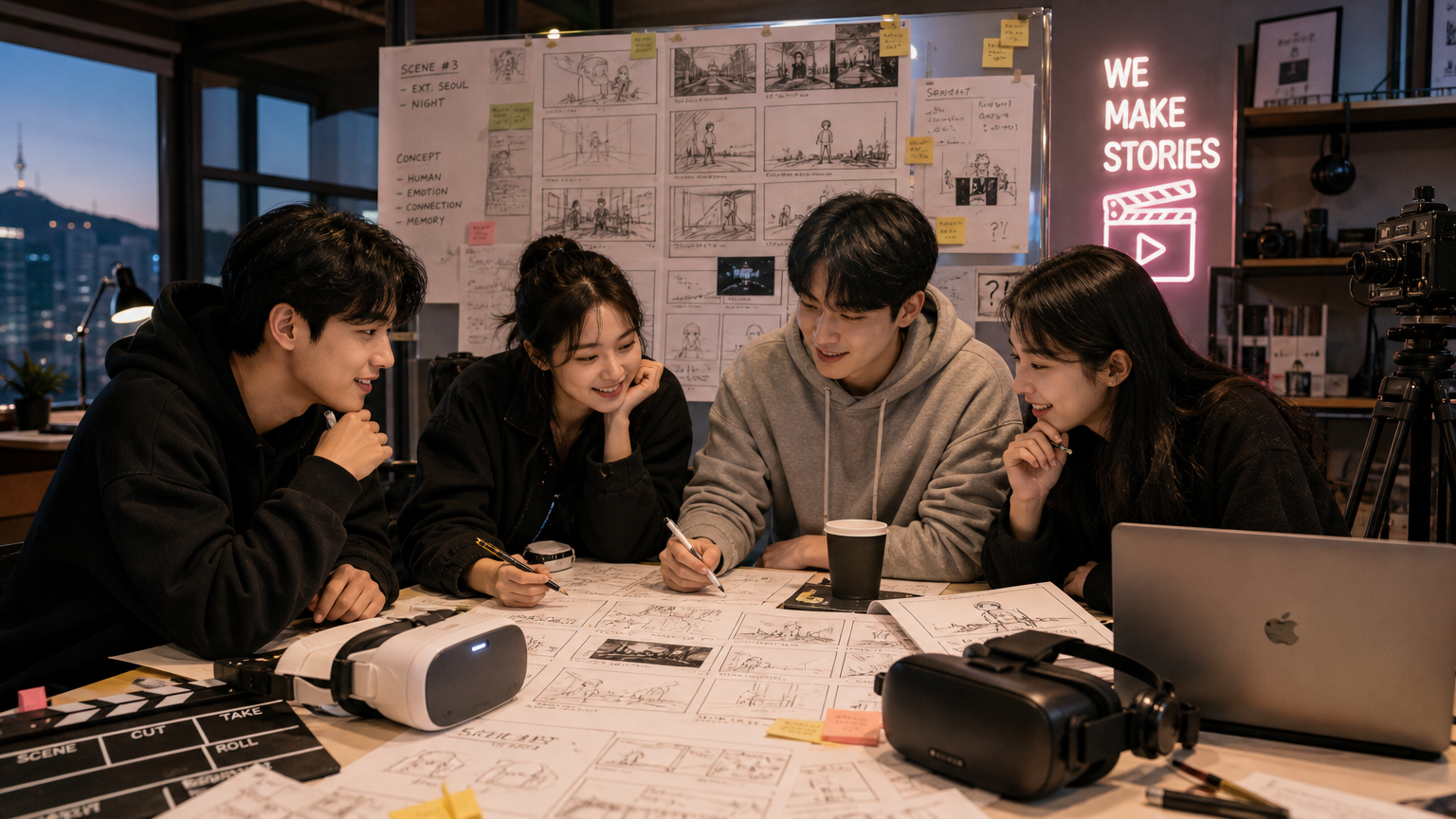 스토리보드와 VR 헤드셋이 놓인 테이블에서 아이디어를 구상하는 젊은 영화 제작자들