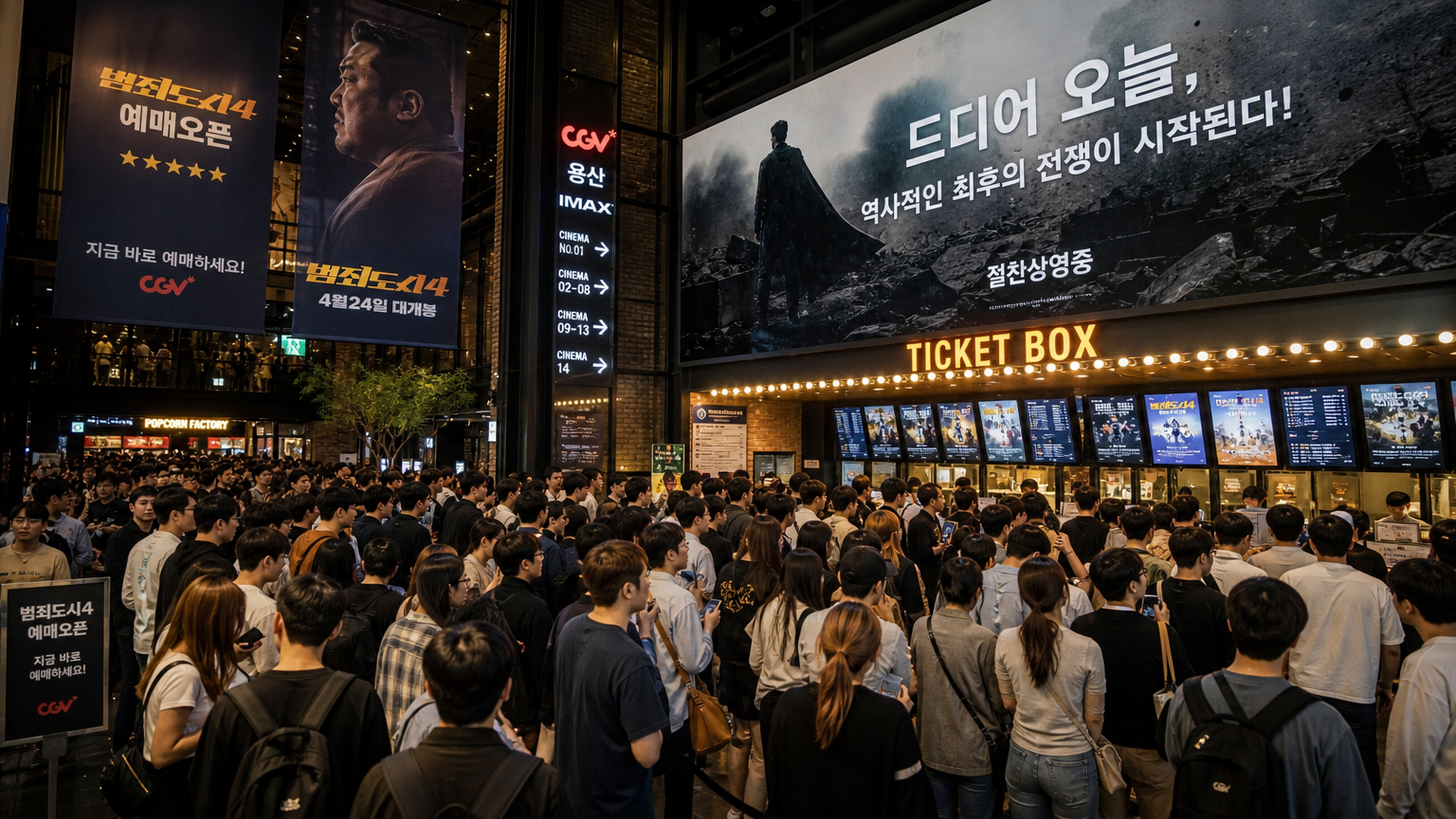 한국에서 기대작 개봉을 앞두고 티켓 구매에 열중하는 많은 극장 관객들