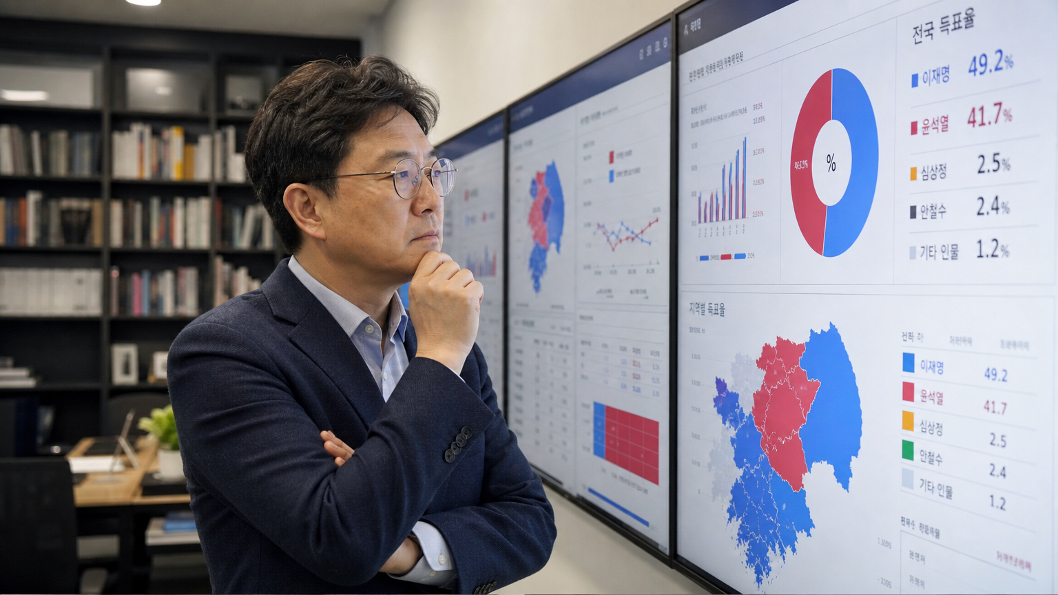 정치 분석가가 사무실에서 선거 데이터를 검토하는 장면