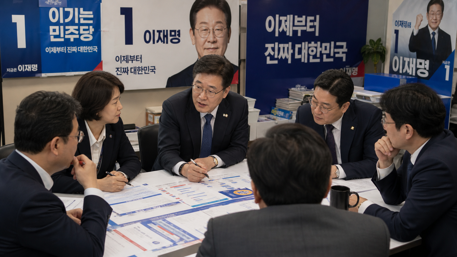 정치인들이 테이블에 둘러앉아 선거 전략을 논의하는 장면