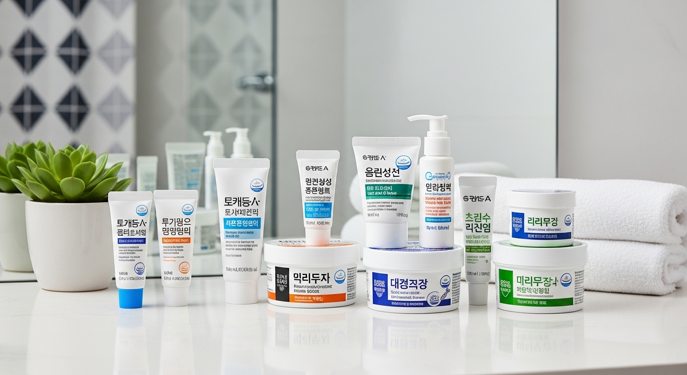 현대적인 한국 가정에서 다양한 의료용 연고와 크림들이 진열된 모습