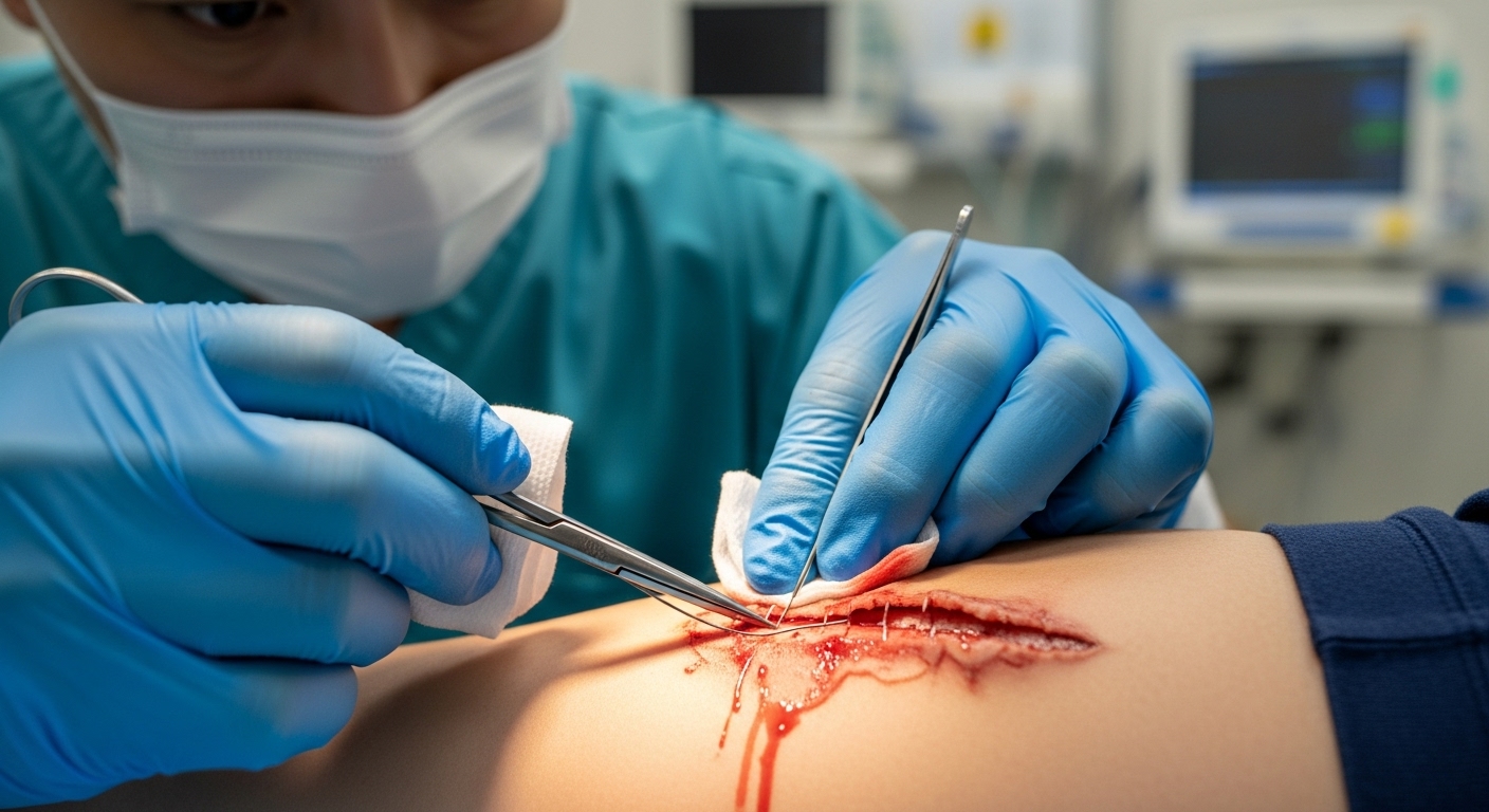 응급실에서 한국 의사가 깊은 상처를 봉합하는 모습