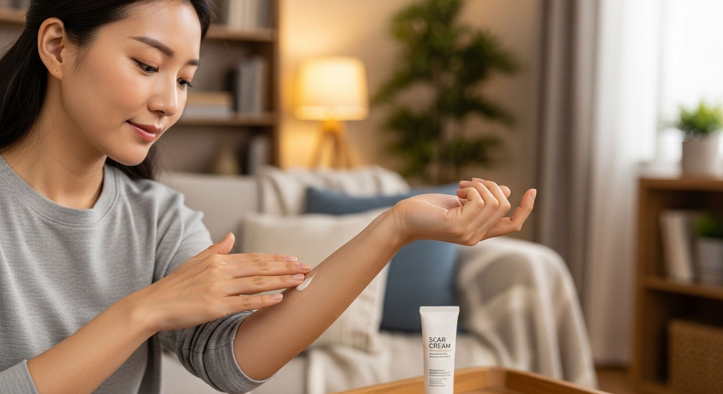 거실에서 편안한 분위기 속에 팔뚝에 흉터 크림을 마사지하는 여성