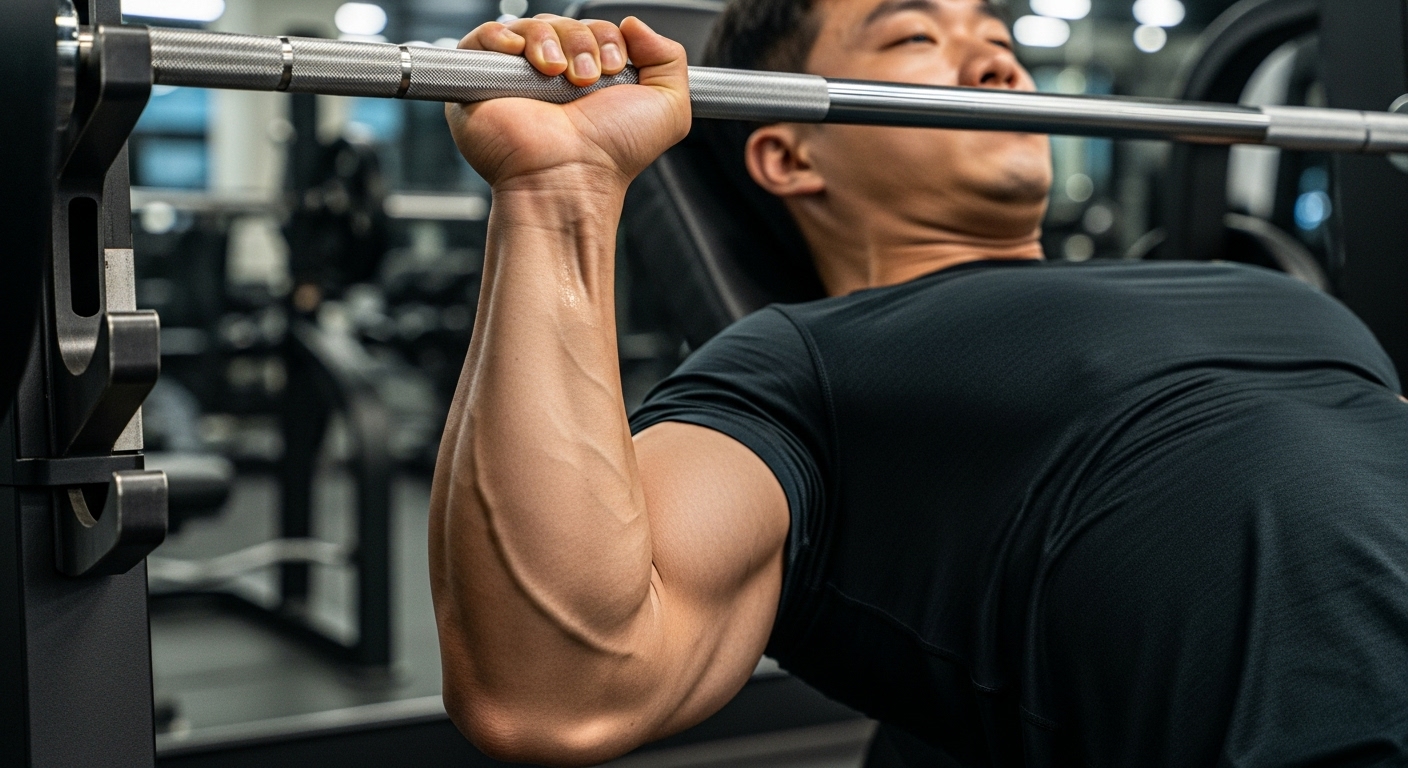 헬스장에서 벤치프레스를 하며 삼두근과 전완부에 긴장감이 느껴지는 모습