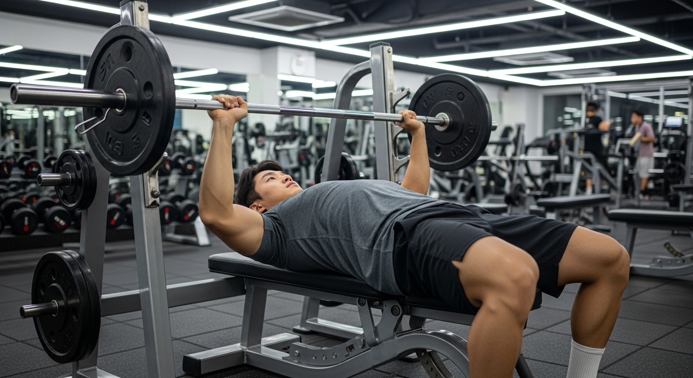 헬스장에서 올바른 벤치프레스 자세를 보여주는 트레이너의 모습