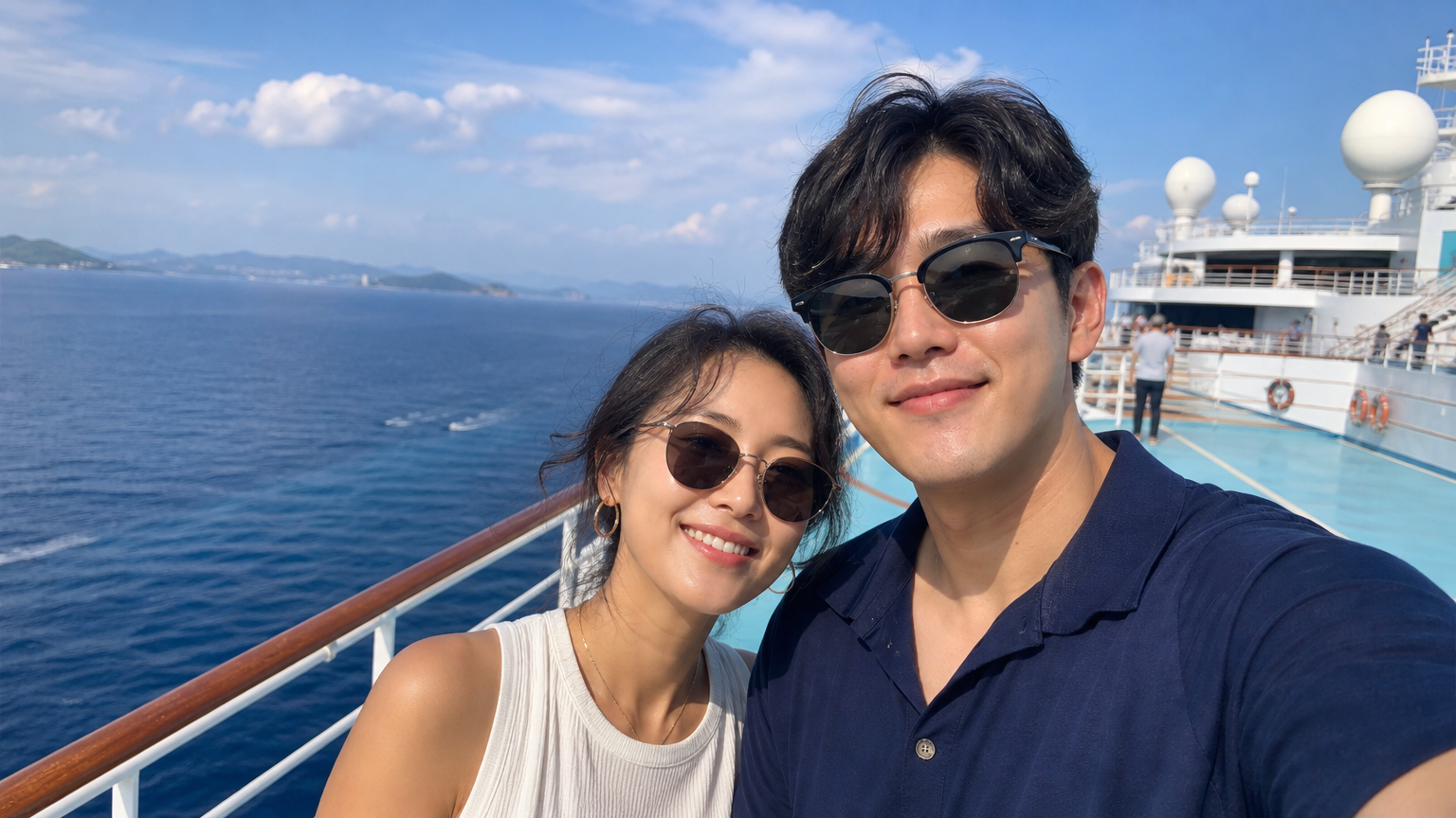 지중해 크루즈 갑판 위에서 바다를 바라보며 여유롭게 시간을 보내는 커플