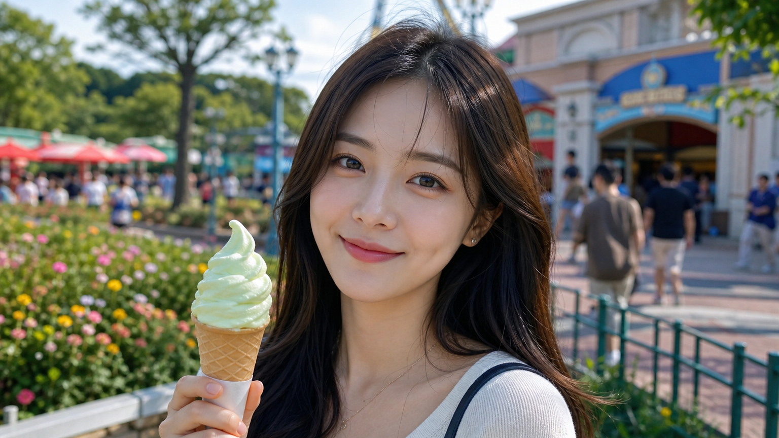 공원에서 멜론 아이스크림을 들고 부드럽게 미소 짓는 여성