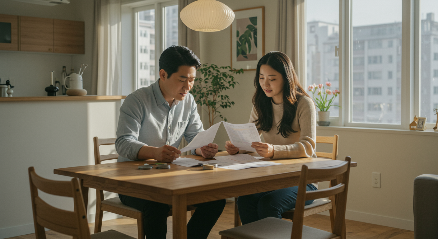 집에서 적립된 계좌 명세서를 검토하는 한국 커플의 모습