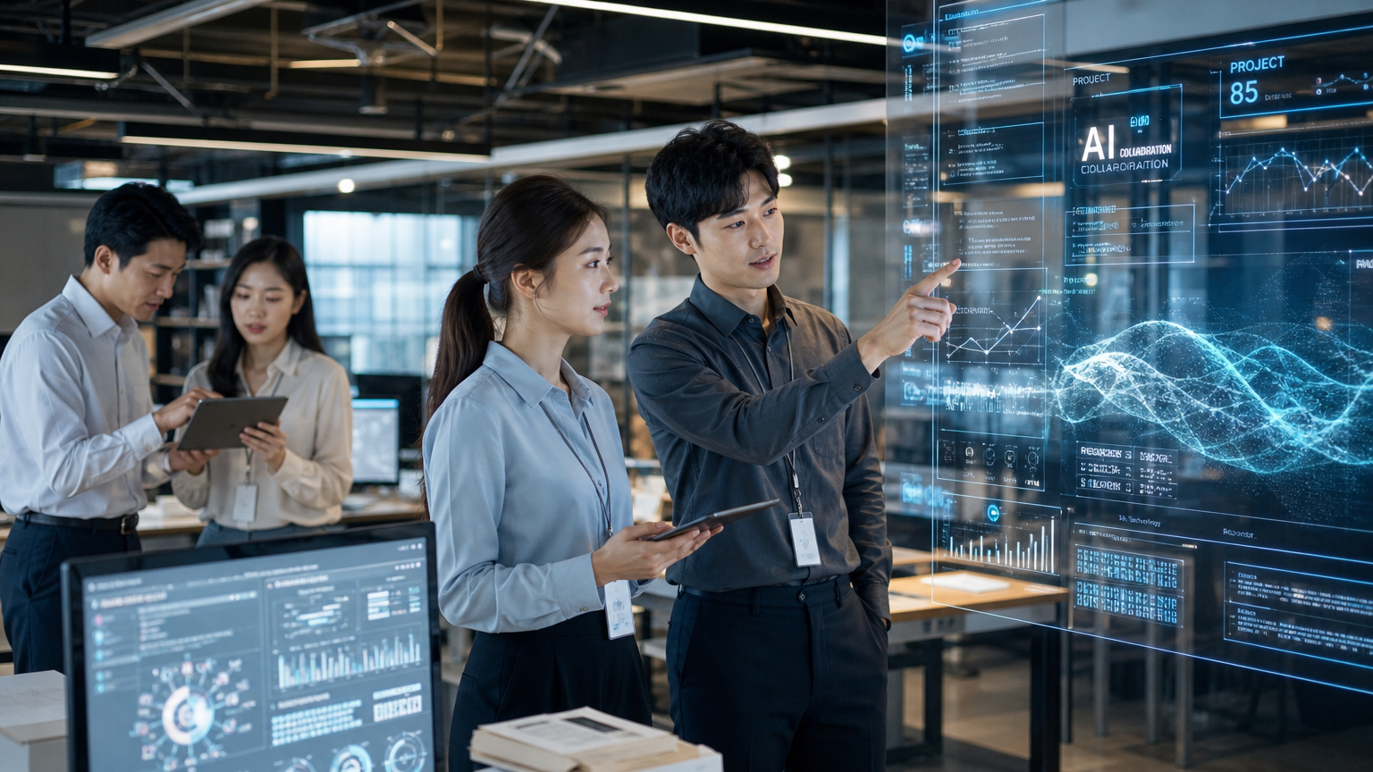 현대적인 사무실에서 첨단 AI 기술을 다루는 직장인들