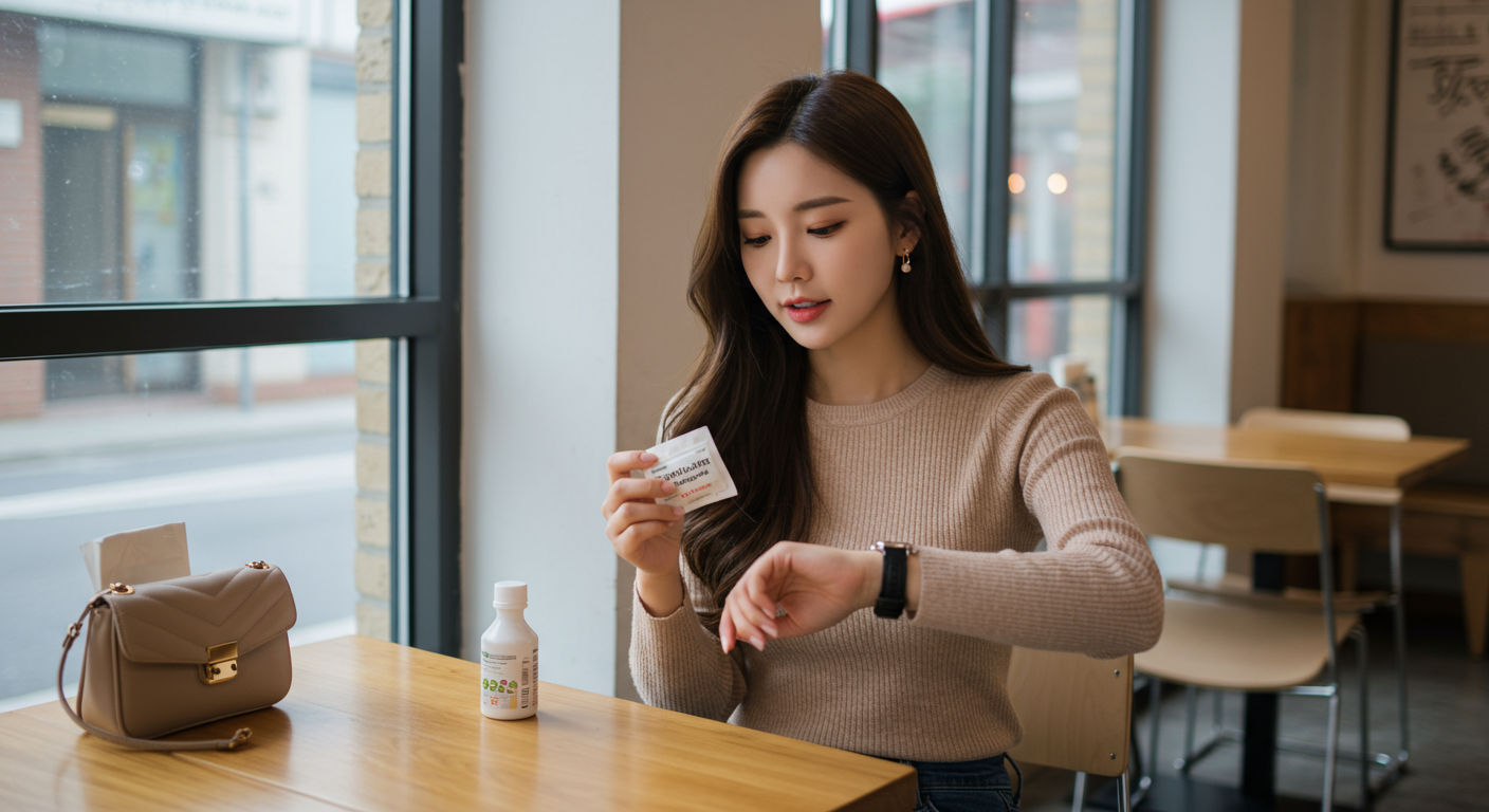 젊은 여성이 세련된 도심 카페에서 식사 전에 소화 효소 알약을 복용하며 시계를 확인하는 모습