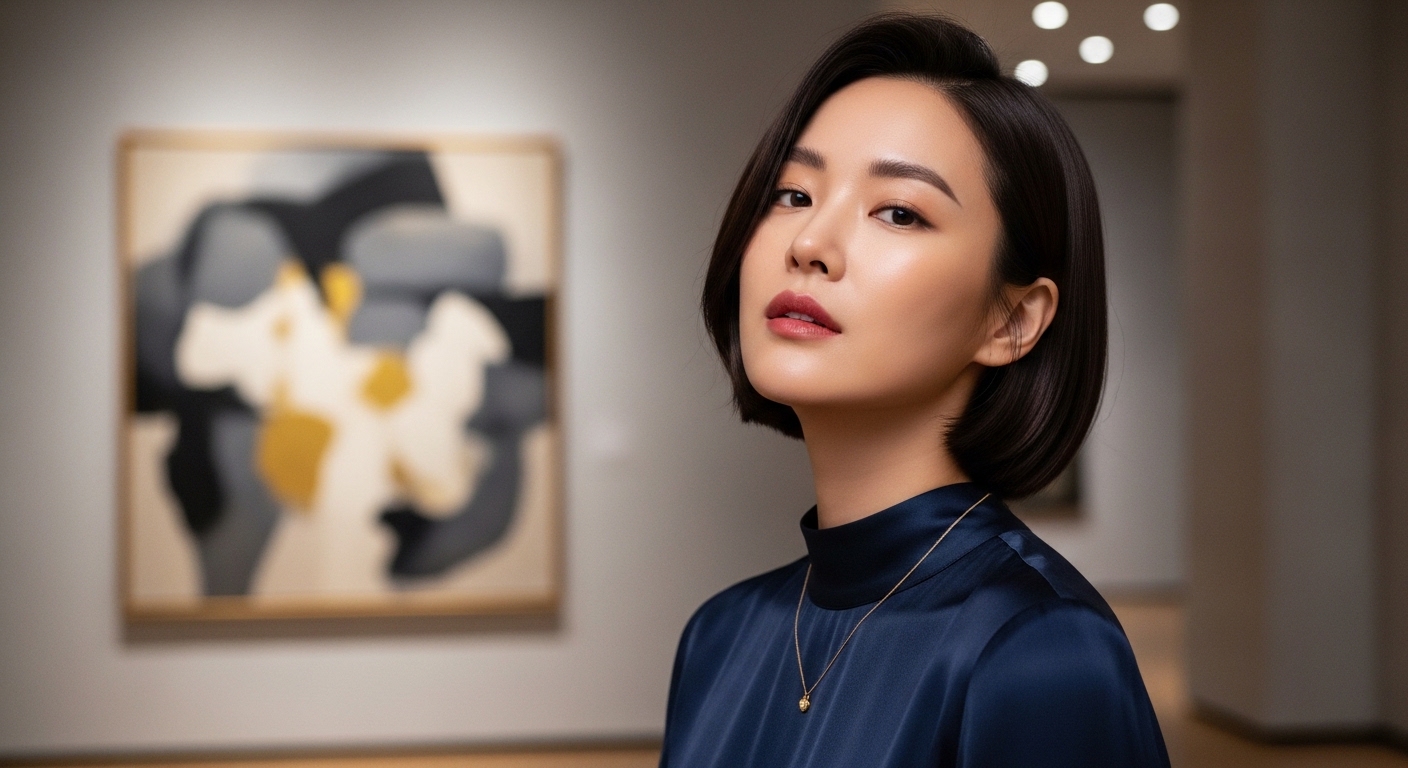 현대적이고 세련된 분위기 속에서 단발머리를 한 배우