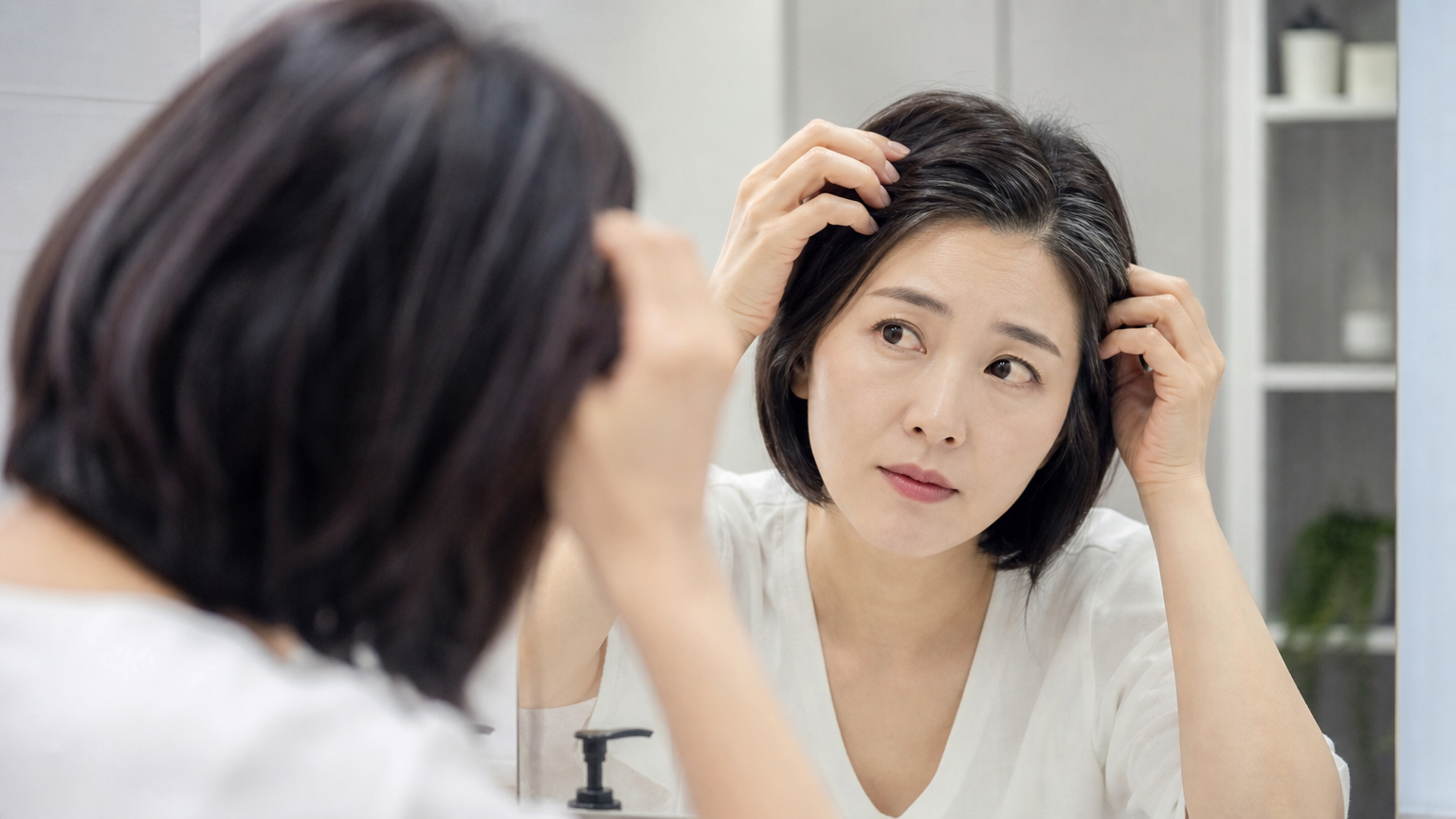 여성이 화장실 거울 앞에서 흰머리를 살펴보는 모습
