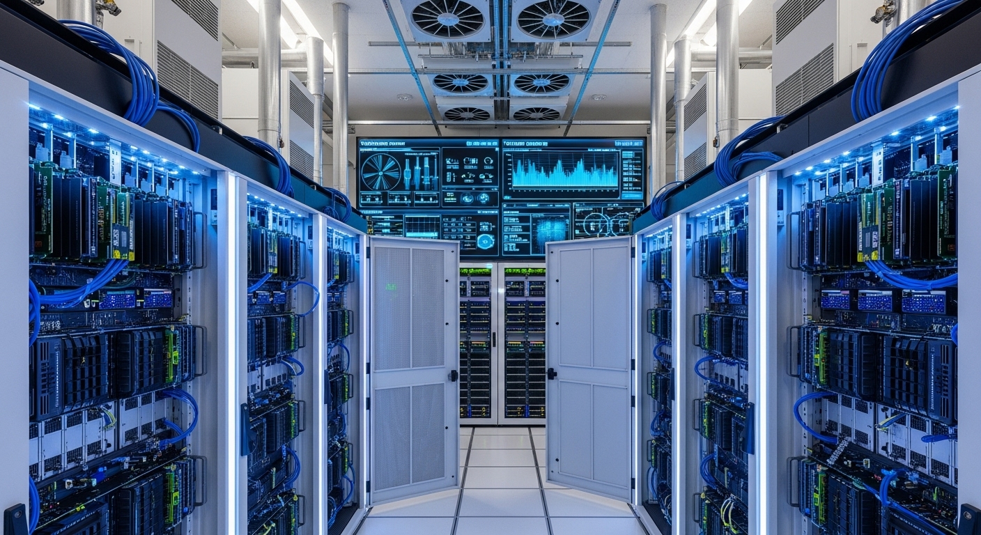 현대적인 데이터 센터 내부에서 실시간 데이터 흐름을 보여주는 서버와 고성능 메모리 모듈, 냉각 시스템 모습