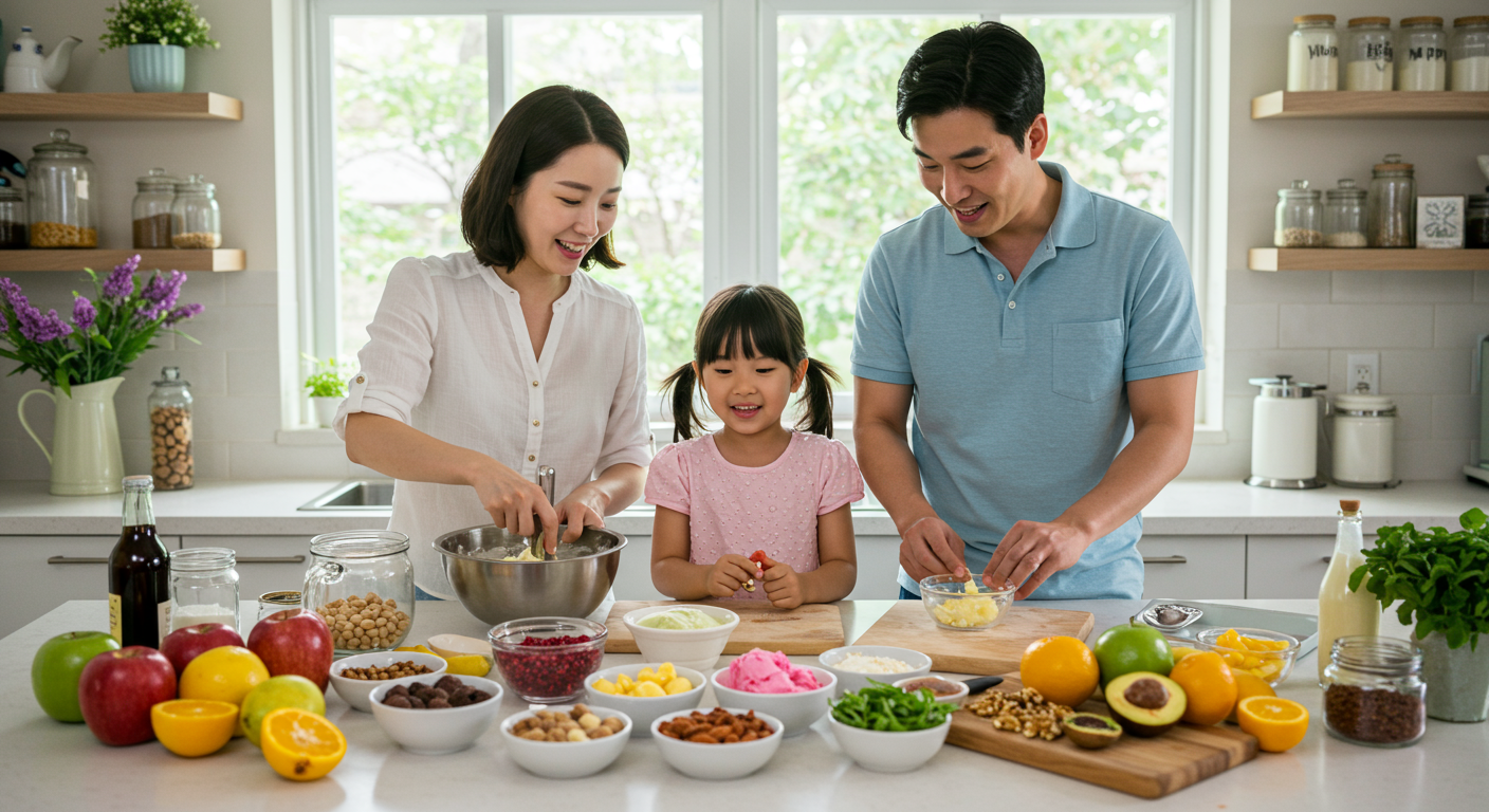 현대적인 주방에서 젤라또를 만드는 가족의 따뜻한 모습과 신선한 재료들