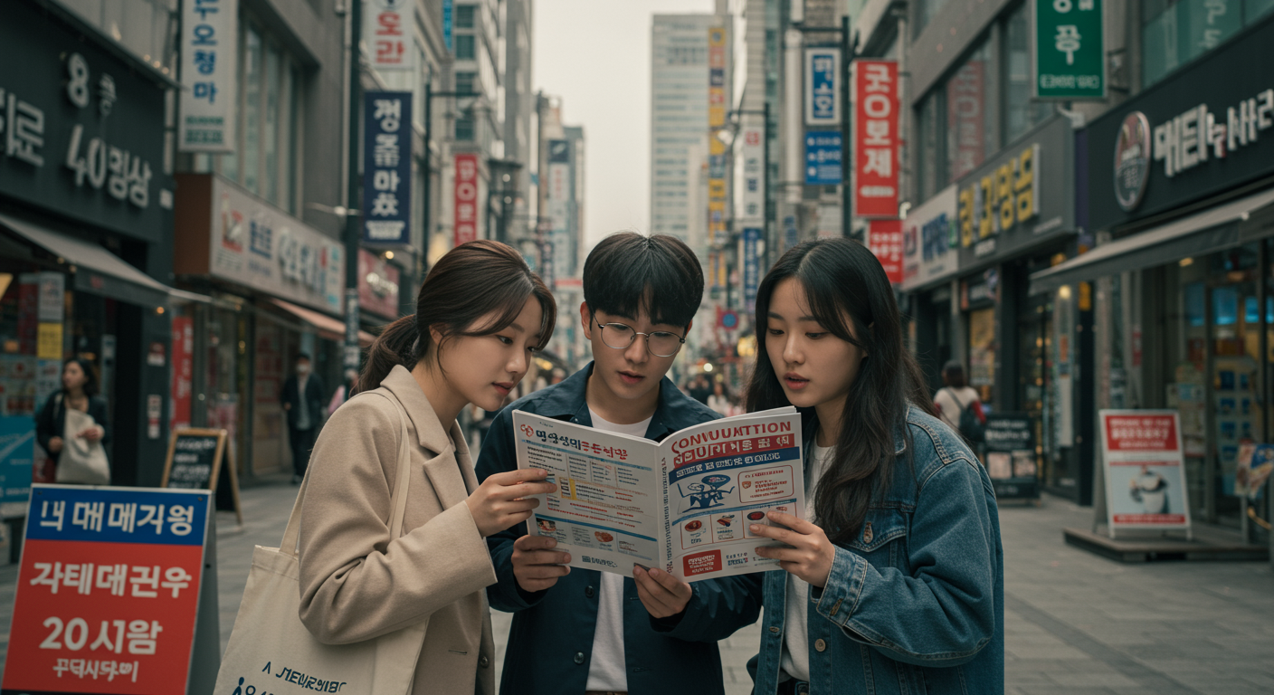 현대 도시 풍경 속에서 소비쿠폰 사용 안내서를 읽고 있는 한국 사람들, 배경에는 스타벅스와 전자매장과 같은 제한된 장소 표시가 보임